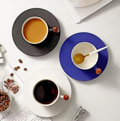 PRINCE G Japanese Style Ceramic Mug ml with Matching Saucer – Handmade Espresso, Coffee, Tea & Matcha Cup, Ideal Gift Set with Handgrip (WHITE) - color: White