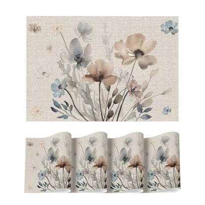Artoid Mode Brown Poppy Floral Vinyl Plastic Placemats Set of 4, Washable Non-Slip PVC Table Mats for Party Kitchen Dining Decor, 12x18 Inch - size: 12" x 18", Rectangular Set of 4
