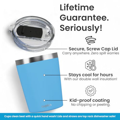 CUPKIN Stackable Stainless Steel Kids Cup Smoothie Tumbler, Powder Coated Insulated Tumblers, BPA Free Lid and Silicone Straw 8 Fl Oz (Pack of 1), Bright Blue - color: Bright Blue, size: 8 Fl Oz (Pack of 1)