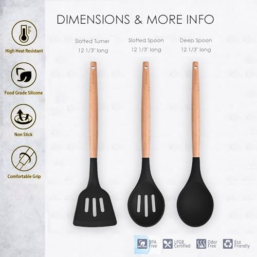 Kitchen Utensils. Set of 3, Silicone Cooking Utensils Set, Turner/Spatula, Spoons with Wooden Handle, Heat Resistant, Nonstick Cookware, Dishwasher Safe, Black