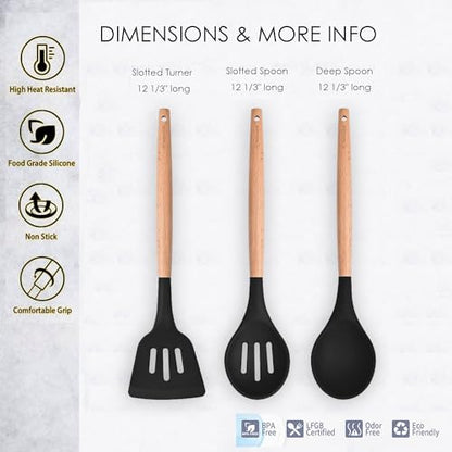 Kitchen Utensils. Set of 3, Silicone Cooking Utensils Set, Turner/Spatula, Spoons with Wooden Handle, Heat Resistant, Nonstick Cookware, Dishwasher Safe, Black