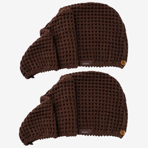 Luxury Organic Japanese Cotton Hair Drying Waffle Towel Wrap for Women | Absorbent, Quick-Dry Head Turban for Shower, Sauna, Spa | Extra Large for Long, Curly, Straight Hair With Button (Brown, 2 Pc) - color: Dark Cocoa, style: Hair Towel (2 Pack)