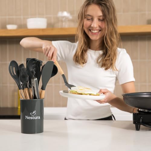 Compact Silicone Kitchen Utensil Set by Nestura, 12-Piece Cooking Utensils with Holder, BPA-Free Heat Resistant Tools with Beechwood Handles for Small Kitchens, Apartments, RVs, Dorms & Gifting