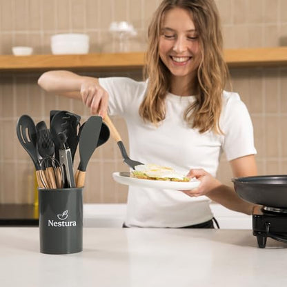 Compact Silicone Kitchen Utensil Set by Nestura, 12-Piece Cooking Utensils with Holder, BPA-Free Heat Resistant Tools with Beechwood Handles for Small Kitchens, Apartments, RVs, Dorms & Gifting