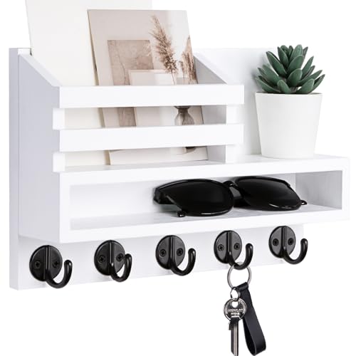 Key and Mail Holder Wall Mount, Key Hanger with Long Storage Box and 5 Hooks for Coat, Dog Leash, Home Decor Rack, House Accessories, Entry Way Organizer 11.8”W x 7.8”H x 3.2”D | Key Hanger with Mail Slot, 5 Key Hooks for Coat, Dog Leash, Home Decor Rack,