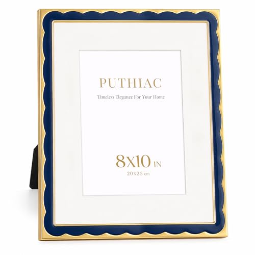 8x10 Scalloped Enamel Picture Frame, Gold Edge, Midnight Navy | Aluminum Alloy Frame, Enamel Inlay, Tempered Glass, 5x7 Mat, Wall or Tabletop Display for Shelves, Portraits, Art Prints - color: Midnight Navy, size: 8x10