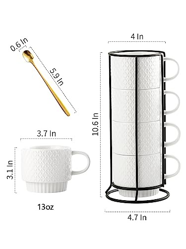 Gomakren Stackable 13oz Coffee Mugs Set of 4 with Stand & Spoons, White | Large Capacity for Cappuccino Coffee Milk Tea Drinks | Embossed Stoneware Mugs, Black Metal Rack, Microwave/Dishwasher Safe - color: White