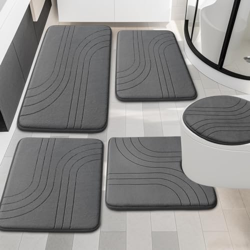 Bathroom Rug Set 5 Pieces, Soft Non Slip Memory Foam Bath Mat, Extra Thick Bath Mats for Bathroom, Machine Washable Bath Rugs Set for Tub, Toilet and Floor (Dark Grey) - color: Dark Grey-2, size: 5 pieces