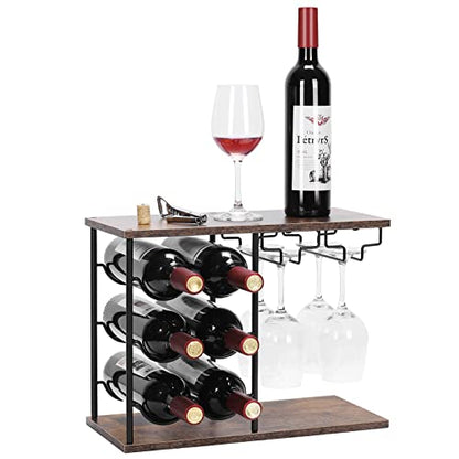 MOOACE Countertop Wine Rack, Wine Bottle Rack with Glass Holder | Freestanding, Holds 6 Bottles and 4 Glasses, For Home Bar Tabletop Kitchen Cabinet, Wood & Metal