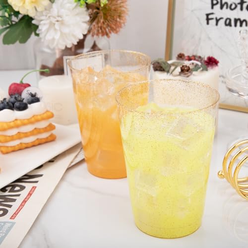 I00000 100 Pack 12 oz Gold Glitter Cups, Premium Clear Disposable Gold Cups | Gold Plastic Wine Glasses, Cocktail Glasses, Heavy Duty, Elegant Glitter Plastic Tumblers for Birthday, Wedding & Party - color: Glitter-12oz-100