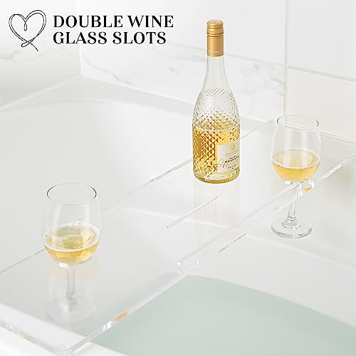 34" Supreme Plus- Luxury Bathtub Tray Caddy- 3/8" Thick, Clear Bath Tub Tray Table for 1 or 2 Bathers, Acrylic Bathtub Caddy, iPad and 2 Wine Glass Holders (Supreme Plus, 34") - size: 34" x 9" x 1.5"