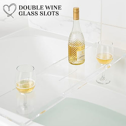 34" Supreme Plus- Luxury Bathtub Tray Caddy- 3/8" Thick, Clear Bath Tub Tray Table for 1 or 2 Bathers, Acrylic Bathtub Caddy, iPad and 2 Wine Glass Holders (Supreme Plus, 34") - size: 34" x 9" x 1.5"