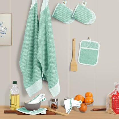 Casa Platino Potholders & Oven Mitts Heat Resistant, 8-Piece Mini Oven Mitt with Silicone Grip, Potholder for Kitchens, 2 Kitchen Towels & 2 Dish Cloths – Durable & Non-Slip – Sage - color: 01: Oven Mitts - Sage, size: Oven Mitt Set - 8 Pack