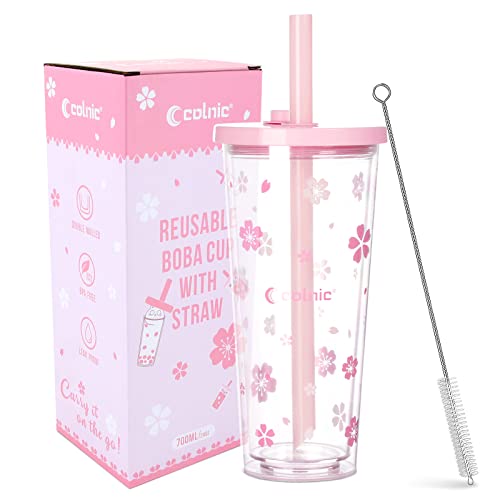 Reusable Plastic Boba Cup With Lids And Straws, 24Oz/700ml Smoothie Cups, Iced Coffee Cup, Leakproof Kawaii Cup, Boba Tumbler With Boba Reusable Straw,Double Wall Clear Bubble Tea Cup - color: Pink