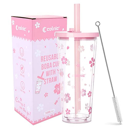 Reusable Plastic Boba Cup With Lids And Straws, 24Oz/700ml Smoothie Cups, Iced Coffee Cup, Leakproof Kawaii Cup, Boba Tumbler With Boba Reusable Straw,Double Wall Clear Bubble Tea Cup - color: Pink