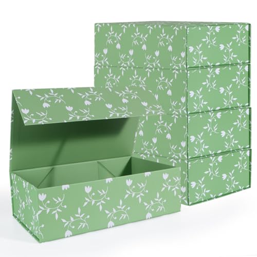 LFBOX Green Leaves Gift Box with Magnetic Lids 5 Pack | Large Bridesmaid Groomsman Proposal Boxes,13.8x8.3x4.4 in, Collapsible Rectangle Storage Box Bulk - color: Green Leaves, size: 1 Count (Pack of 5)