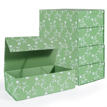 LFBOX Green Leaves Gift Box with Magnetic Lids 5 Pack | Large Bridesmaid Groomsman Proposal Boxes,13.8x8.3x4.4 in, Collapsible Rectangle Storage Box Bulk - color: Green Leaves, size: 1 Count (Pack of 5)