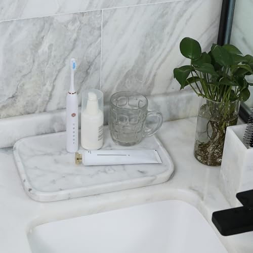 Italian Natural Marble Serving Tray, 11.8”x7.8” Statuario White Marble Tray for Home Decor, Stone Tray for Bathroom/Kitchen/Vanity/Dresser, Plate Holder for Tissues/Candles/Towel