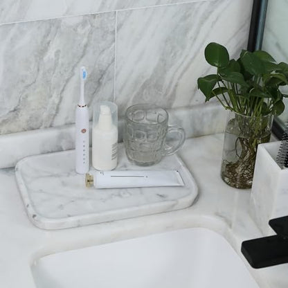 Italian Natural Marble Serving Tray, 11.8”x7.8” Statuario White Marble Tray for Home Decor, Stone Tray for Bathroom/Kitchen/Vanity/Dresser, Plate Holder for Tissues/Candles/Towel