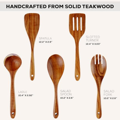 Zulay Kitchen Extra-Large 5-Piece Wooden Spoon Set - Smooth Teak Cooking Utensils - Comfort-Grip Non-Stick Turner, Spatula, Skimmer, Fork, Serving Spoon - size: 5 Piece | Large