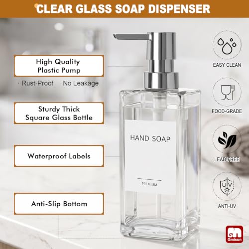 GMISUN Kitchen Soap Dispenser, 12 Fl oz/350ml Clear Dish Soap Dispenser with Silver Sponge Holder, Customized Glass Dish Soap Dispensers for Kitchen, Modern Hand and Dish Soap Dispensers Set Removable - color: Clear Bottle + Silver Rack
