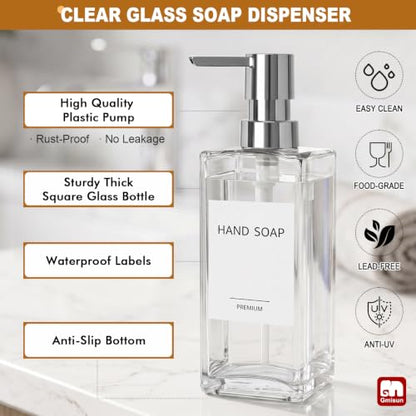 GMISUN Kitchen Soap Dispenser, 12 Fl oz/350ml Clear Dish Soap Dispenser with Silver Sponge Holder, Customized Glass Dish Soap Dispensers for Kitchen, Modern Hand and Dish Soap Dispensers Set Removable - color: Clear Bottle + Silver Rack
