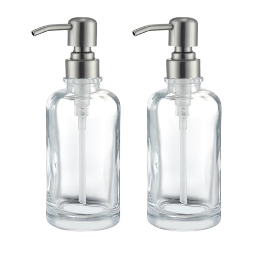 Clear Glass Soap Dispenser with Brushed Nickel Pump 2 Pack, 2 X 11 OZ Liquid Soap Dispenser Cylindrical with Stainless Steel Pump for Dish Hand Soap Bathroom Kitchen Vanity Countertop - color: Brushed Nickel, size: 2X11 oz