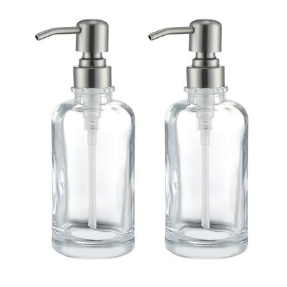 Clear Glass Soap Dispenser with Brushed Nickel Pump 2 Pack, 2 X 11 OZ Liquid Soap Dispenser Cylindrical with Stainless Steel Pump for Dish Hand Soap Bathroom Kitchen Vanity Countertop - color: Brushed Nickel, size: 2X11 oz