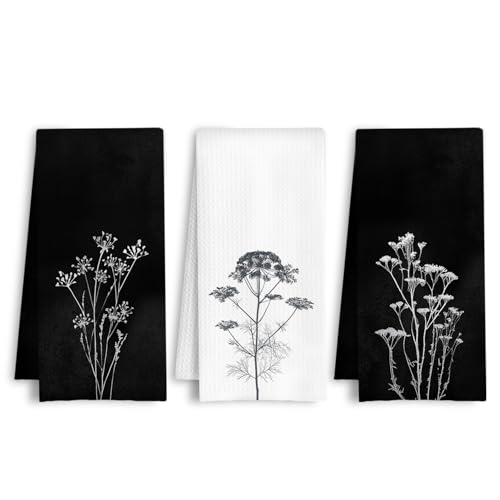 Black and White Floral Kitchen Towels, Vintage Botanical Dish Tea Towels, Rustic Cottagecore Flower Plant Decorative Hand Towel for Bathroom Kitchen, 16x24 Inch Set of 3 - color: Black White Botanical