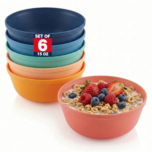 MASTERCOOK Plastic Bowls Set of 6 – 15oz Multipurpose Deep Plates Salad and Pasta Bowls Ideal for Home, Kids, Parties – Stackable Bowl for Kitchen – Non-BPA and Food Grade – Cute Colors - color: Bright