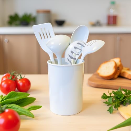 Reston Lloyd 6 Piece Kitchen Utensil Holder for Kitchen Counter, Utensils Crock with Heat Resistant Spoon, Slotted Spoon, Ladle, Spatula BPA Free, White - color: White, size: Utensil Holder Set