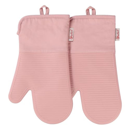 YUTAT Silicone Oven Mitts,High Heat Resistant Up to 500 Degrees,Waterproof Cooking Gloves with Soft Polyester Filling,Kitchen Potholder Set - Perfect for BBQ,Baking and Cooking,Pink,2 Pcs Set - color: Pink-striped Surface, size: 13“L x 7"W-2 Piece