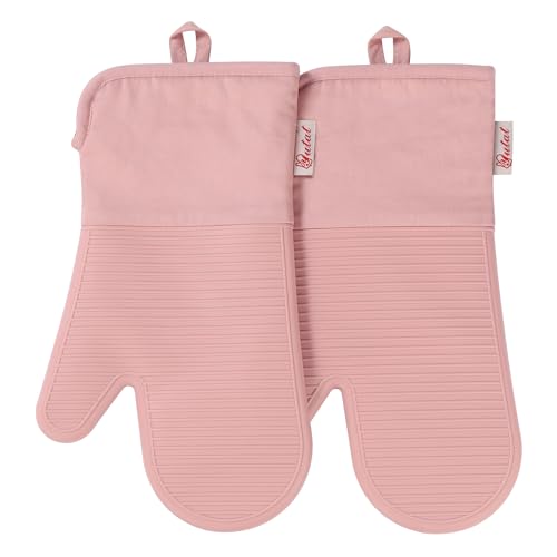 YUTAT Silicone Oven Mitts,High Heat Resistant Up to 500 Degrees,Waterproof Cooking Gloves with Soft Polyester Filling,Kitchen Potholder Set - Perfect for BBQ,Baking and Cooking,Pink,2 Pcs Set - color: Pink-striped Surface, size: 13“L x 7"W-2 Piece