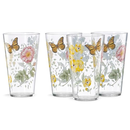 Lenox Butterfly Meadow Acrylic Highball Glasses, Set of 4 | bpa-free acrylic, dishwasher safe | 6.38 inch height | floral design | 20oz, gift for women, drinking glasses - size: 4 Count (Pack of 1), style: Highball Set of 4
