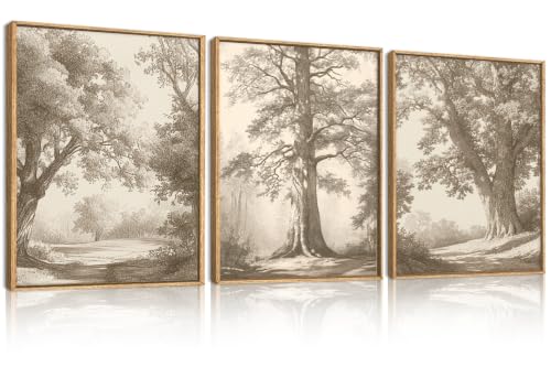 Vintage Tree Canvas Wall Art Framed Rustic Tree Landscape Sketch Antique Painting Neutral Forest Wall Decor 16x12 Inch Farmhouse Botanical Set of 3 for Living Room Bedroom - color: Vintage Tree, size: 16"L x 12"W