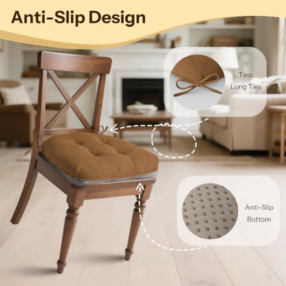 Anti Slip Kitchen Chair Cushions Set of 4 18"X16.5"X3" Khaki | Elegant Breathable Textured Fabric, with Ties, Tufted, Thick Polyester Filling, for Dining Chairs, Folding Chairs, Office - color: Khaki