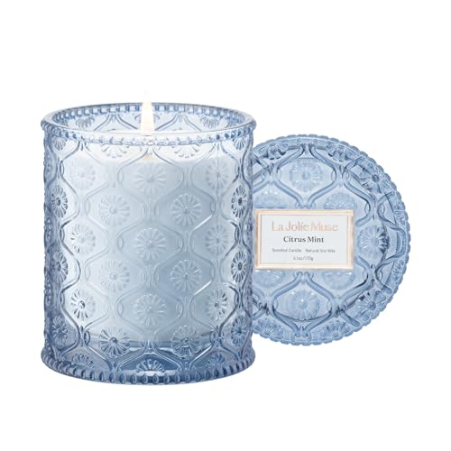 LA JOLIE MUSE Citrus Mint Scented Candles for Home, Natural Soy Wax, 40 Hrs | Luxury Bule Jar Candle, Clean Non Toxic, Gift for Women & Men, Decorative Fresh Candles, Spring Summer Candles, Bergamot Yuzu - color: Citrus Mint