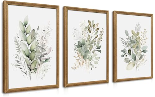 WRFON Framed Sage Green Botanical Wall Art Set of 3, Watercolor Eucalyptus & Wild Plant Canvas Prints, Minimalist Green Wall Decor for Living Room Bedroom Bathroom, 16x24 Inches - color: Sage Green(Framed), size: 24"L x 16"W