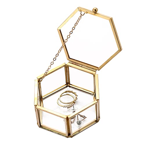Small Golden Vintage Glass Keepsake Box 3.1 x 2.5 x 1.7 Inch | Compact Jewelry Lidded Box Decorative Glass Boxes for Display, Clear Hexagonal Box Rings Bracelet Earring Organizer
