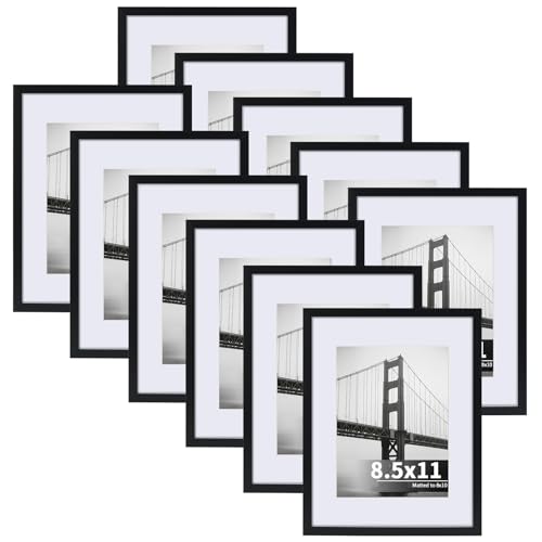 CRUGLA 8.5x11 Picture Frames Set of 11, Display Pictures 6x8 with Mat or 8.5 by 11 without Mat, Certificate Diploma Photo Wall or Tabletop Display, Black - size: 8.5x11 Inch