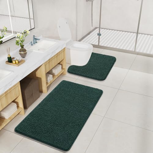 LOCHAS Bathroom Rugs Sets 2 Piece, 20''x20'' & 34''x21'', Hunter Green | Non Slip U-Shaped Toilet Rug, Chenille Washable Absorbent, Soft Bath Mat Set for Shower, Sink - color: Hunter Green