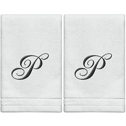 Monogrammed Towels Fingertip, Personalized Gift, 11 x 18 Inches - Set of 2- Black Embroidered Towel - Extra Absorbent 100% Cotton- Soft Velour Finish - For Bathroom/ Kitchen/ Spa- Initial P (White) - color: P