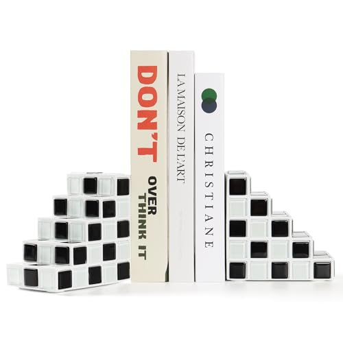 Decorative Bookends for Shelves Stair Book Ends for Heavy Books | Unique Book Stopper & Holder for Shelves, Modern Home Decor Aesthetic Bookshelf Decor, Black & White - color: Black & White