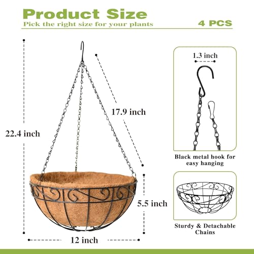 4 Pack 12 Inch Hanging Baskets for Plants Outdoor Metal Hanging Planter Hanging Flower Baskets with Coco Fiber Liners Chain Round Wire Plant Holder Flower Pots(Plaid) - size: 12 Inch, style: Plaid