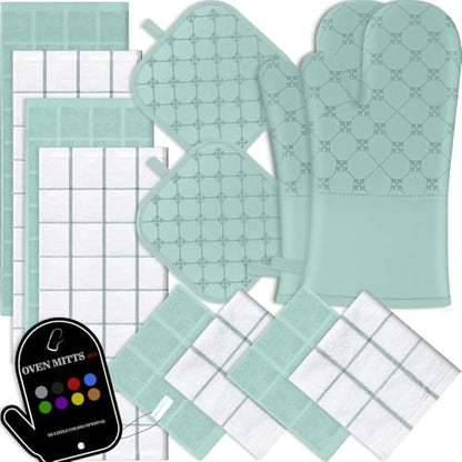 Oven Mitts Kitchen Towels Dishcloths with Pot Holders Sets 12PCS,Dish Towels Sets,Oven Gloves Pot Pads Heat Resistant 500 Degrees with Non-Slip Silicone Surface for Cooking Baking Grilling-Mint Green - color: Mint Green
