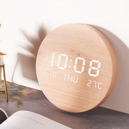 Wooden Silent Non-Ticking Wall Clock, Wood Moon Cordless Aesthetic Modern Alarm, Large LED Digital Round Clock for Living Room Bedroom -Display With Date,Temperature&Calendar(Brown Rechargeable) - size: Brown Rechargeable