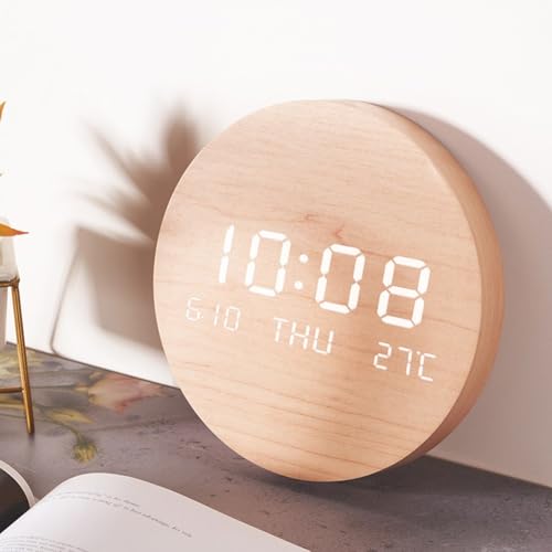 Wooden Silent Non-Ticking Wall Clock, Wood Moon Cordless Aesthetic Modern Alarm, Large LED Digital Round Clock for Living Room Bedroom -Display With Date,Temperature&Calendar(Brown No Rechargeable) - size: Brown No Rechargeable