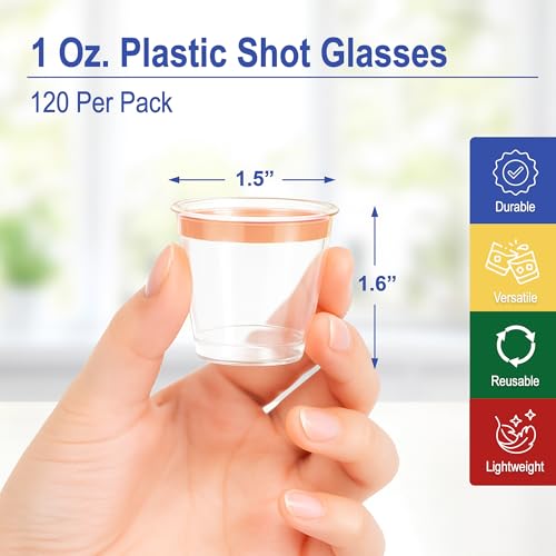 Mandala Crafts Disposable 1oz Plastic Mini Shot Glasses - Bulk 120 Clear Rose Gold Rim Hard Plastic Shots Cups for Party Sample Cups Tasting Whiskey (Pack of 2) - color: Rose Gold Rim, size: 1 Ounces (Pack of 2)