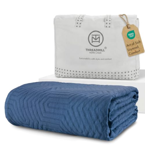 Threadmill Luxury Cotton Blankets for King Size Bed | All-Season Cozy 100% Cotton King Size Blanket | Aster Soft & Lightweight Coverlet fits California King Size Bed, 104x92 | Folkstone Blue | 100% Cotton, Jacquard Pattern, 106x92 in, Moisture-Wicking, Al