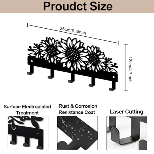 MAYJOYDIY Sunflower Metal Key Hook Flowers Leaves Coat Rack Wall Mounted 9.8×4.7inch Sunflower Plant Black Art Wall Decor Key Holder with 5 Hooks for Gift Coats Hats Towels Bags Hanging - style: Sunflower